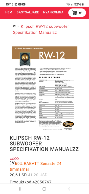 Klipsch RF 2 +Klipsch Rw 12 Sub+ 2 St Nad C272 slutsteg 