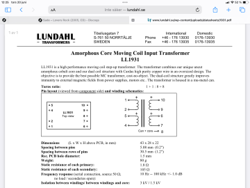 Lundahl Transformers LL1931 amorphous core Moving Coil transformer