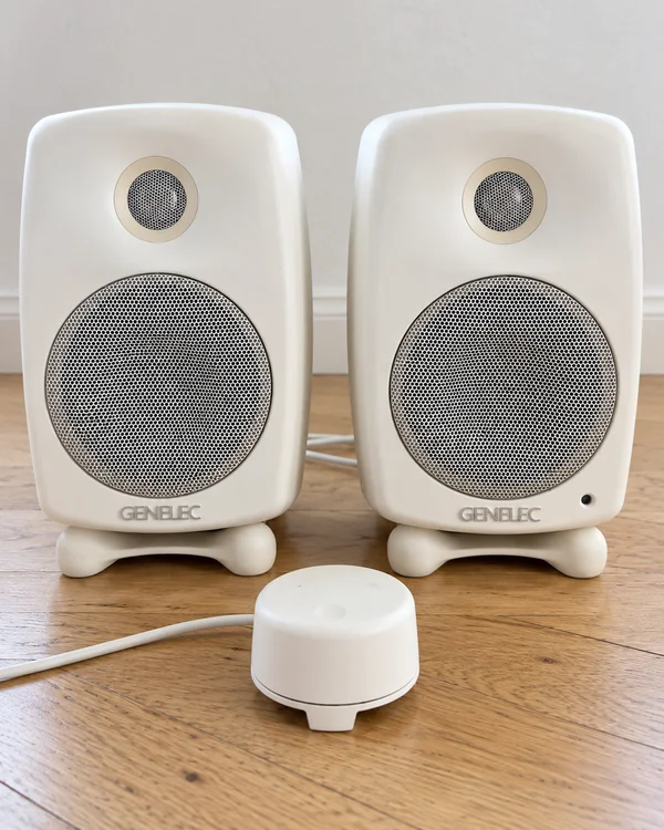 Genelec G Two A + 9000A volymkontroll – vit Genelec G Two A + 9000A volymkontroll – vit - Bild 1 av 1