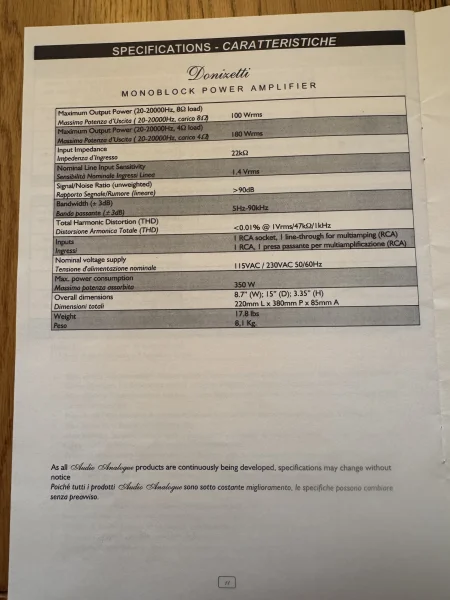 Audio Analogue Donizetti &ndash; monoblock slutsteg (2 st), 180W/4&Omega; - Bild 4 av 5